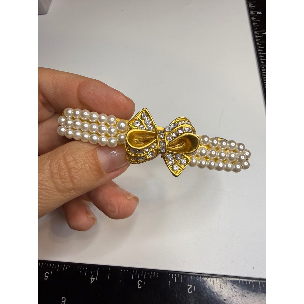 Gold Tone Faux Pearl Rhinestone Bow Barrette Hair Clip Classic Elegant Accessory